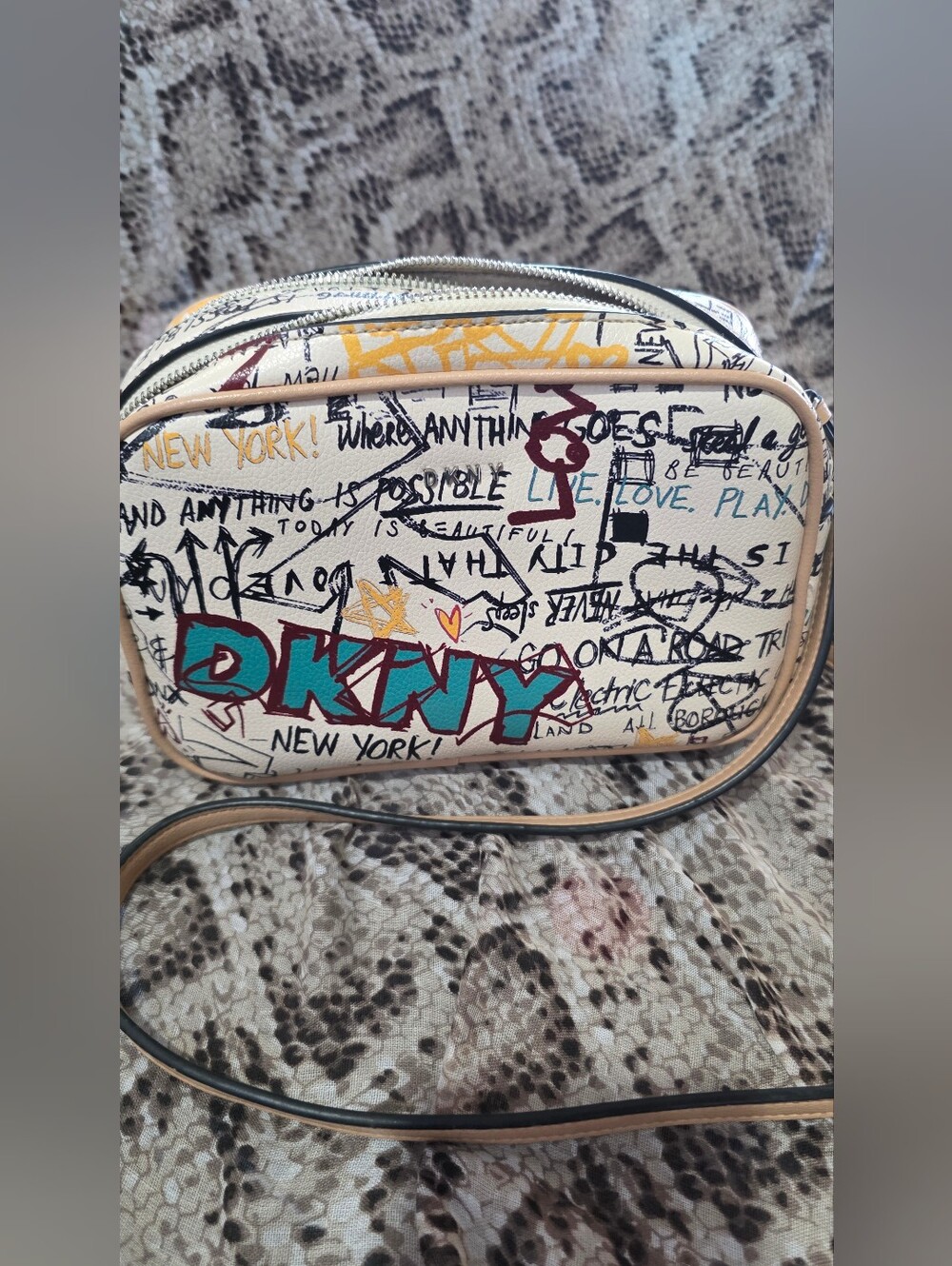 DKNY Graffiti Logo Crossbody in White, Teal & Mustard